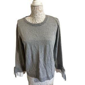 LOFT Gray Striped Lightweight Sweater with Tie Cuff Detail – Women’s Size XL